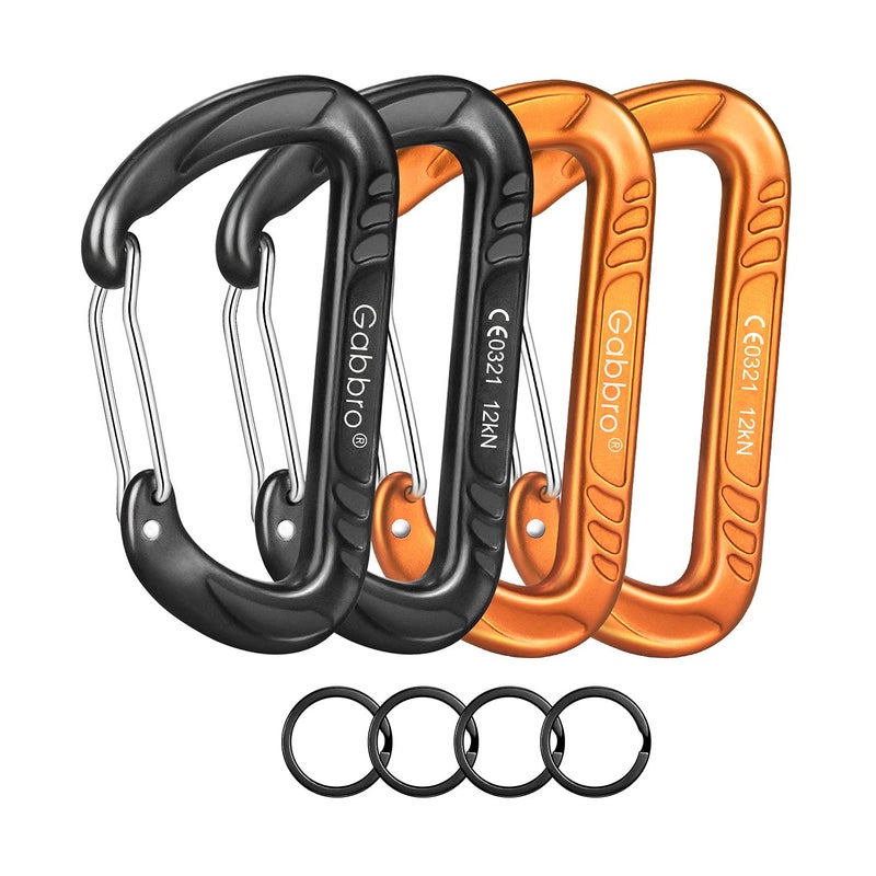Gabbro Carabiner Clips Heavy Duty 12kN (2697 lbs), | 3.2 Inch, Aluminum, Wiregate Snap, Lightweight, 4 Pack | for Hammock, Hiking, Camping, Water Bottle, Dog Leash Harness, Keychains - Black Orange - Image 1